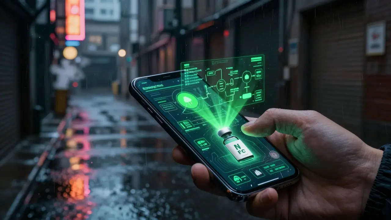 Smartphone scanning an NFC tag on medicine with green verification light in neon city