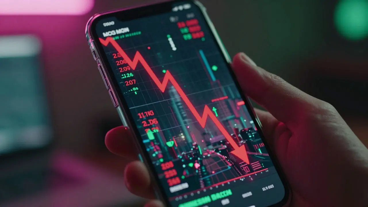 Smartphone showing a crashing red price graph in a neon-lit cyberpunk scene