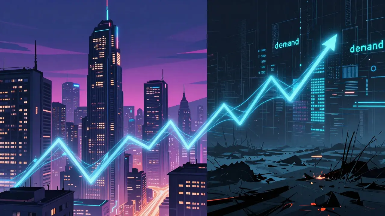 Split cyberpunk scene showing market growth versus stagnant digital landscapes.