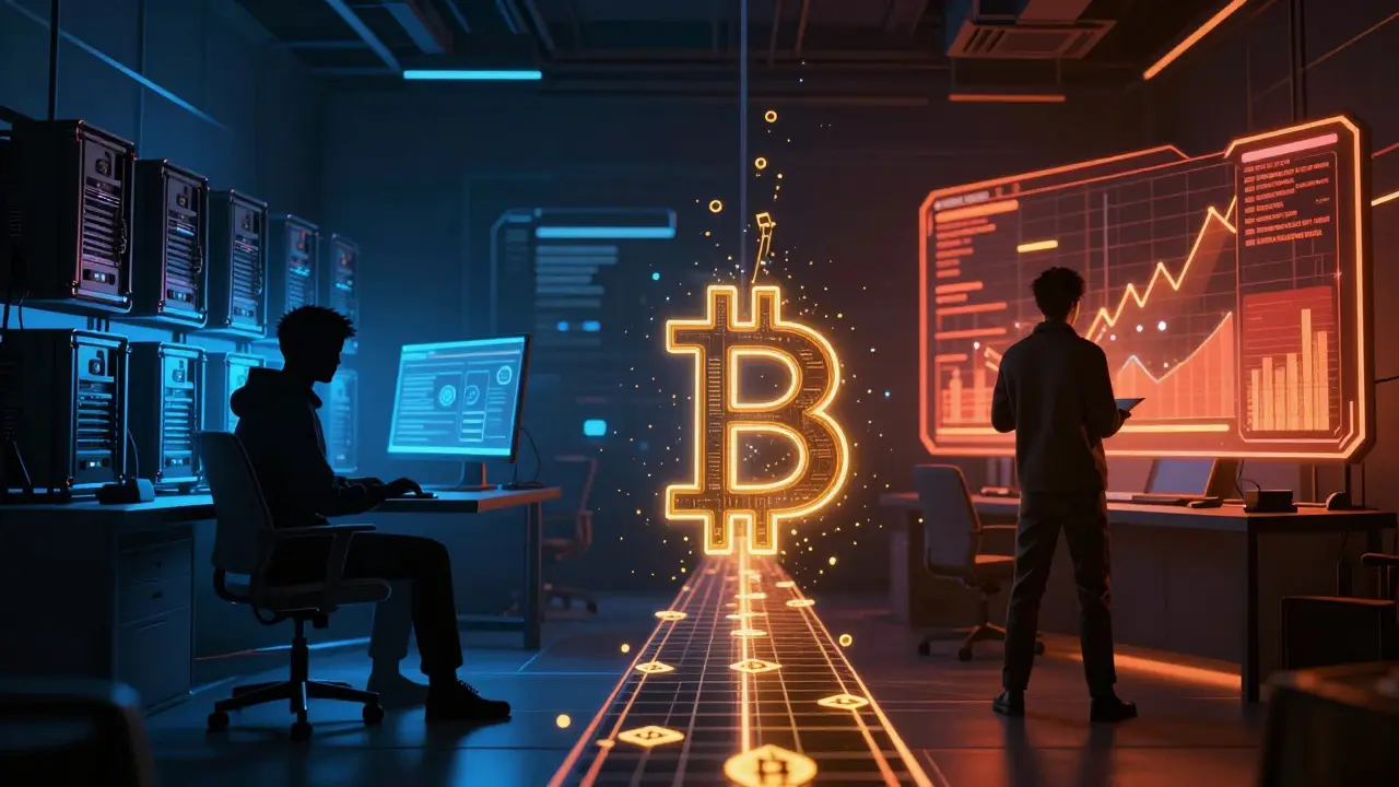 Split scene showing miners and traders connected by digital Bitcoin bridge