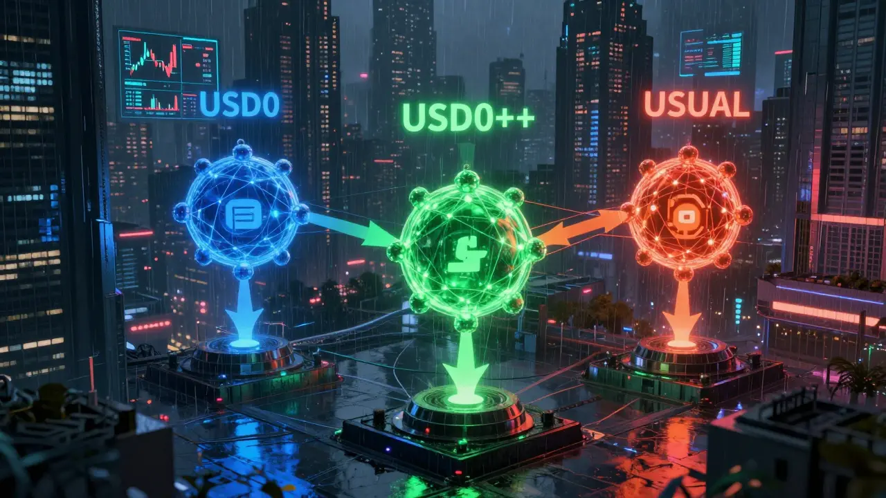 Three connected blockchain nodes in a futuristic cityscape
