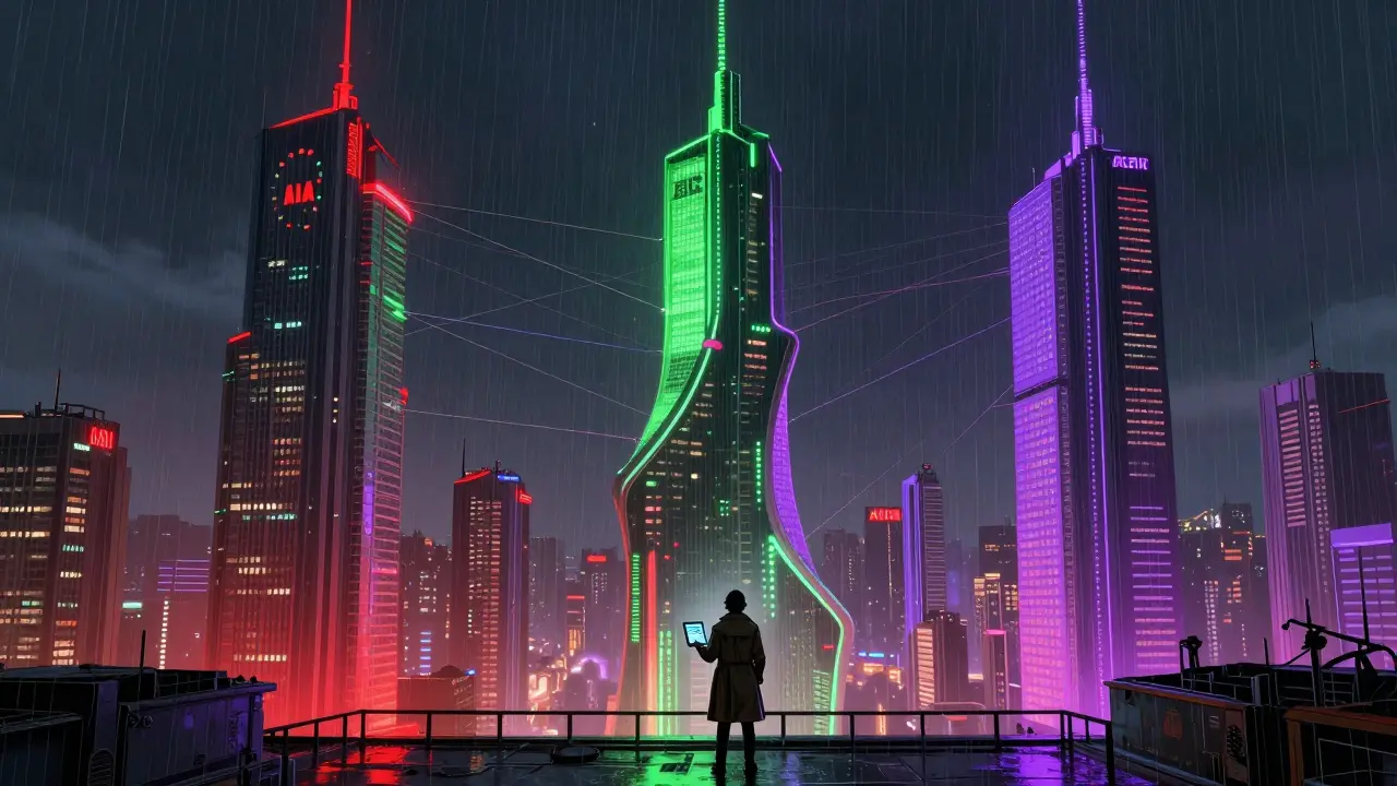 Three distinct cyberpunk towers representing different global crypto regulatory blocs.