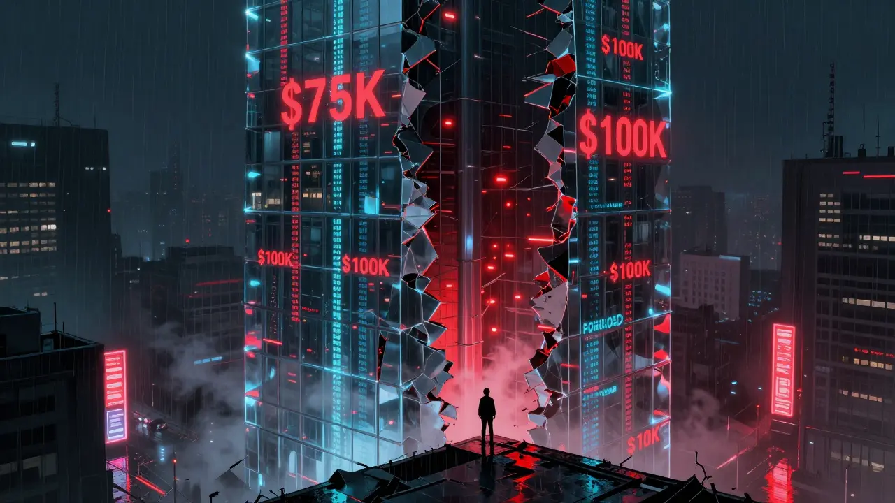 Tiny figure facing crumbling glass skyscraper in dystopian cyberpunk city