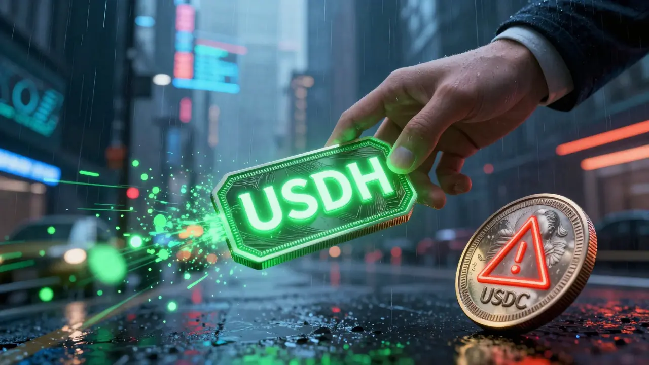Trader choosing low-fee USDH over high-fee stablecoins in cyber city
