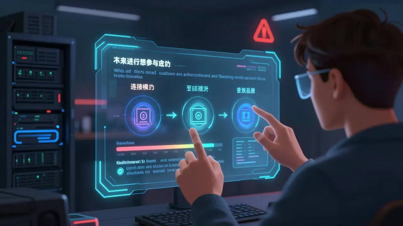 User engaging with GameZone staking tiers via AR interface in a cyberpunk setting