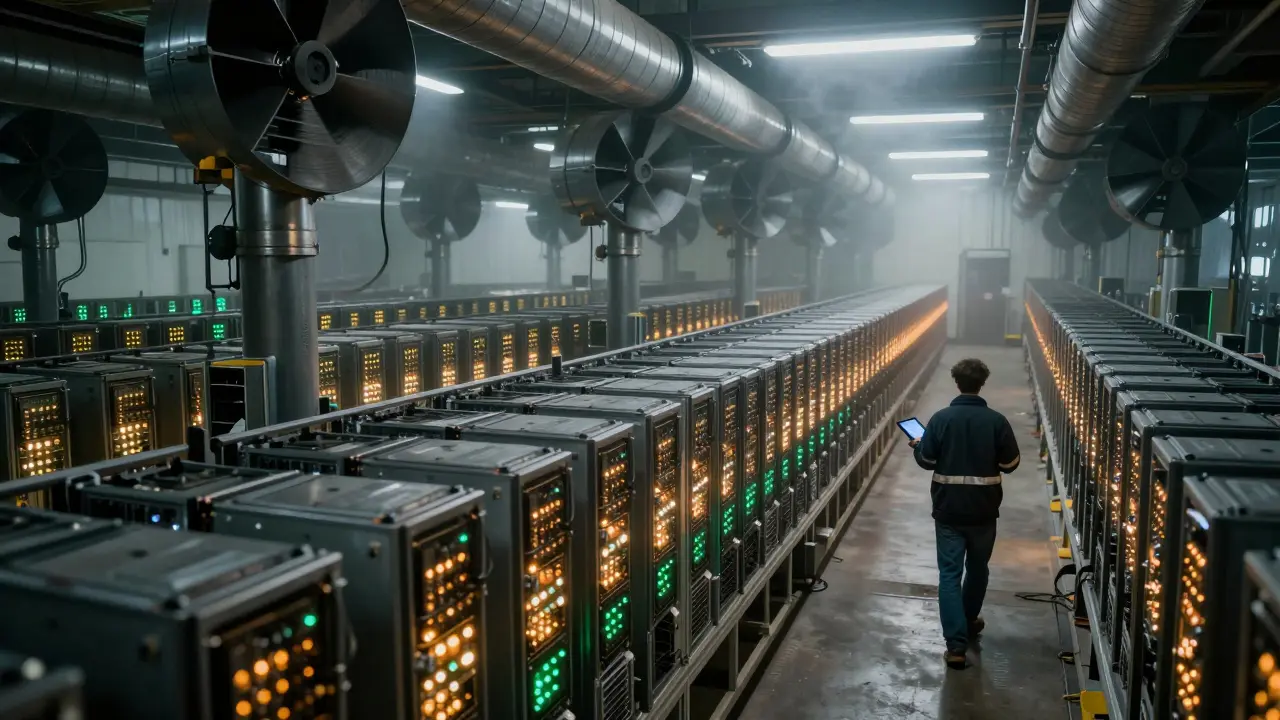 Vast warehouse filled with rows of active ASIC mining rigs
