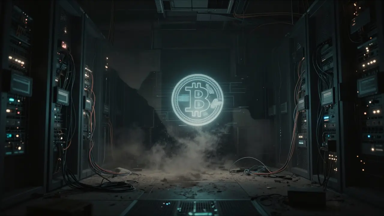 Abandoned server room with faint spinning coin hologram