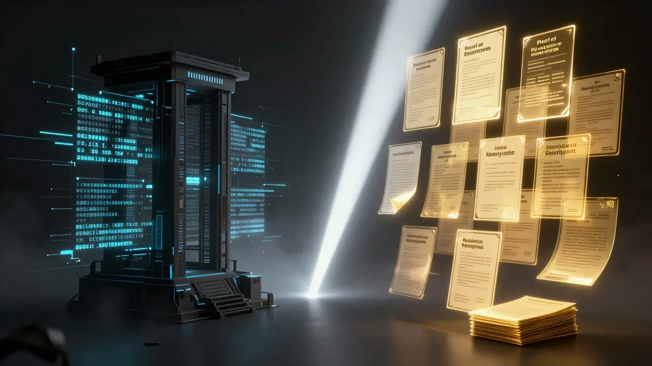 Contrast between shadowy glitching data and bright holographic security documents.