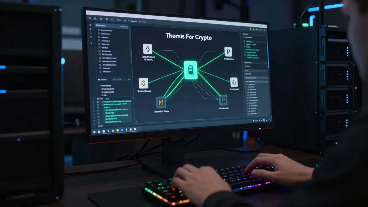 Cyberpunk hacker connecting AI trading bot to crypto exchanges via API keys.
