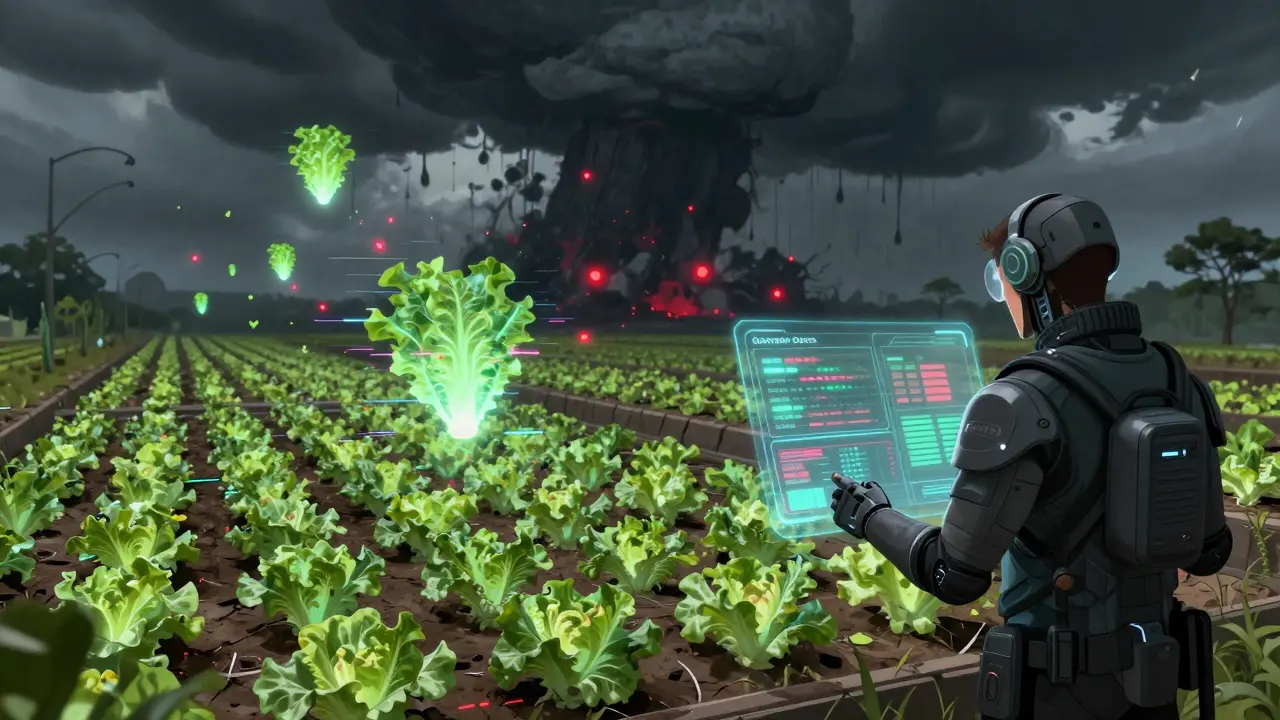 Cyberpunk scene showing digital storm disrupting farming pools and causing ingredient scarcity.