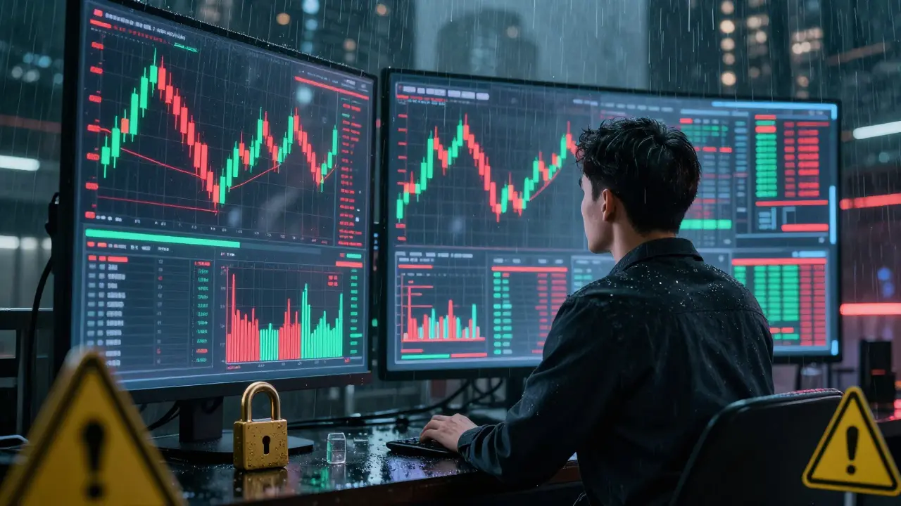 Cyberpunk trader viewing volatile crypto charts with security warnings