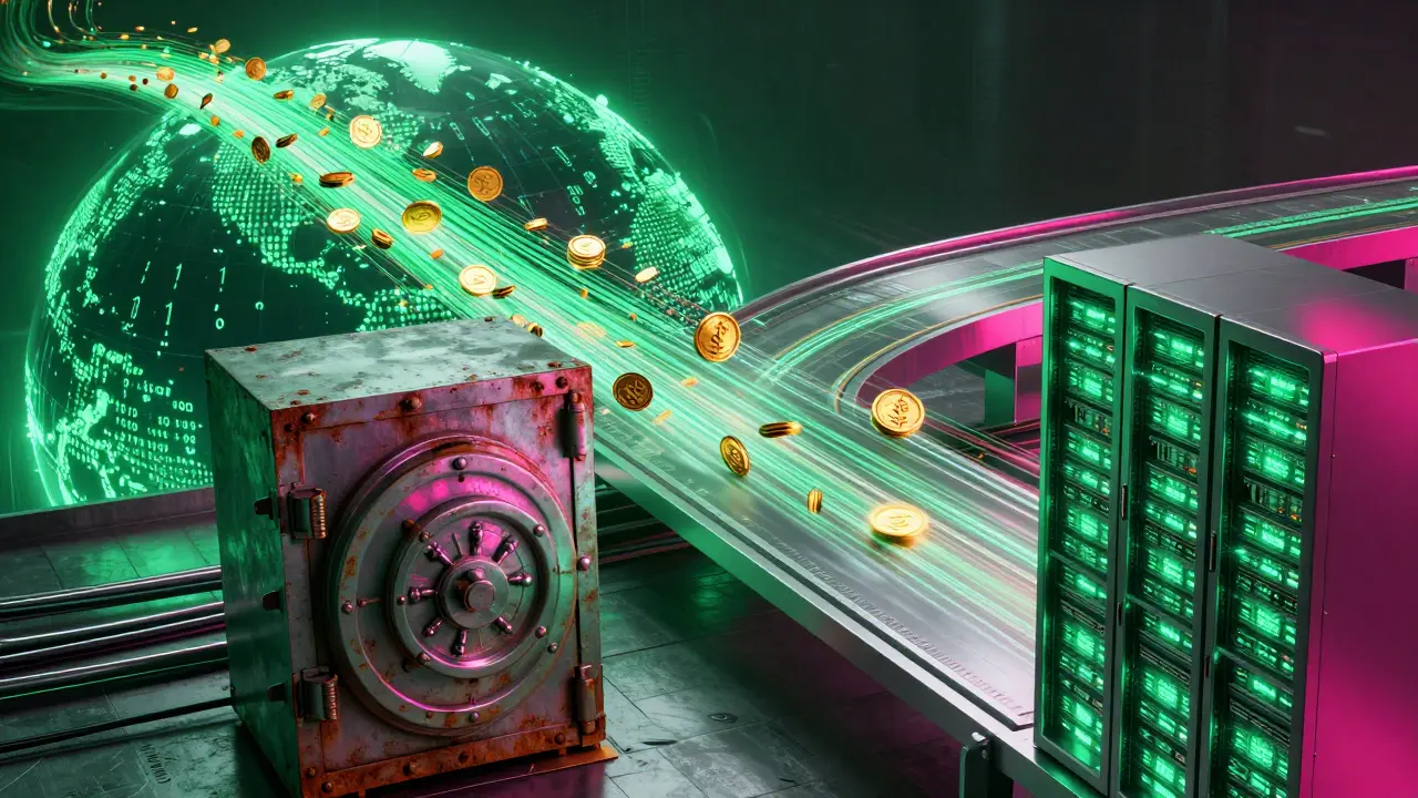 Digital gold transforming into data streams over a neon globe