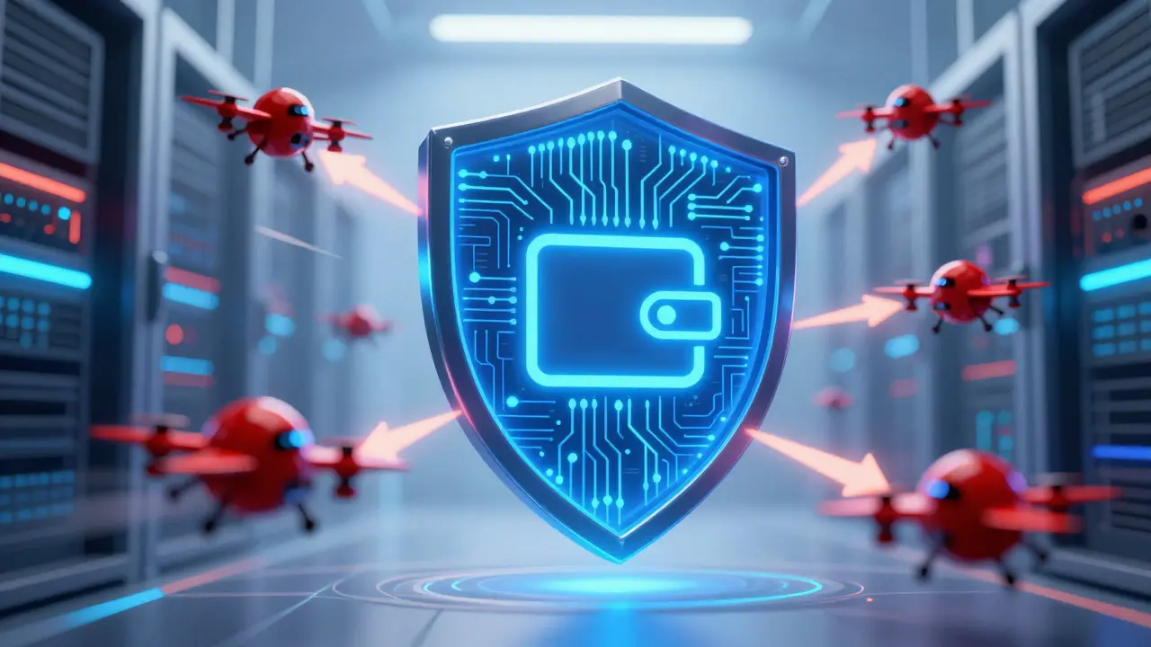 Digital shield protecting crypto wallet from hackers in cyberpunk aesthetic