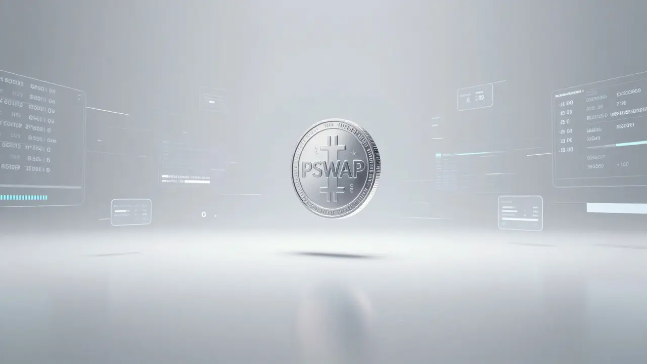 Empty cyberpunk trading floor with hovering dormant PSWAP token