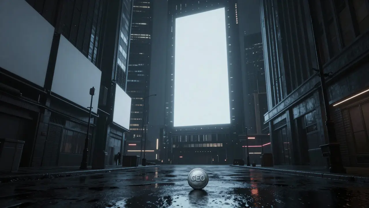 Faint glowing GEO token on wet pavement in a dark cyberpunk city