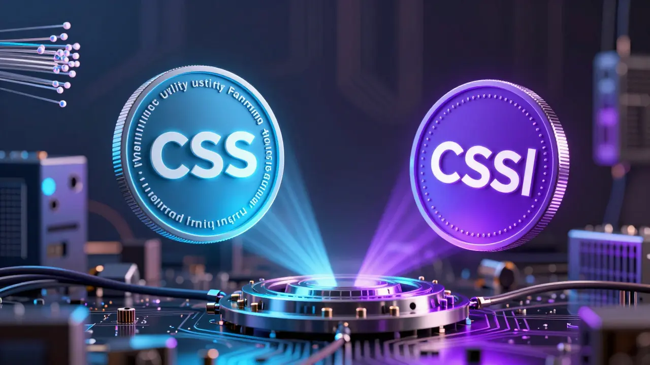 Floating CSS and CSSl crypto tokens in a cyberpunk tech setting