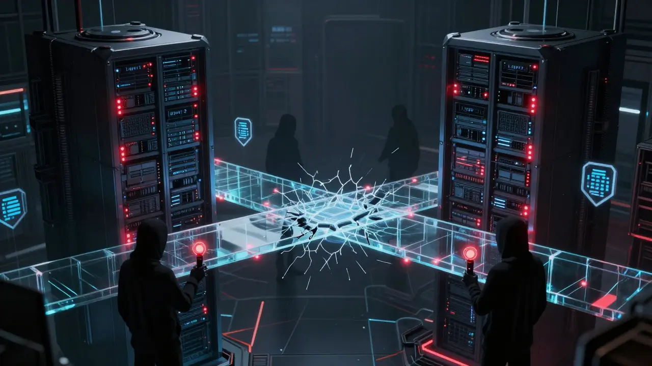 Fragile digital bridge connecting blockchain servers highlighting security risks and hacks