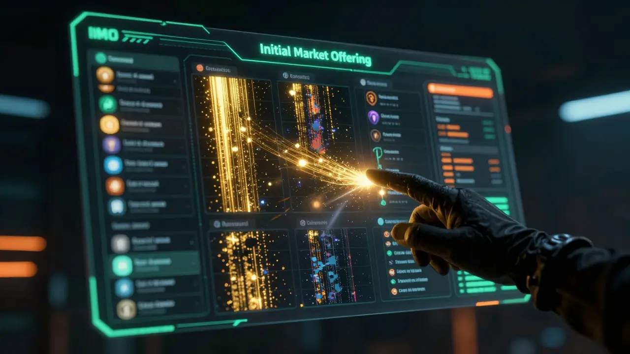 Futuristic IMO launchpad interface with decaying token data streams