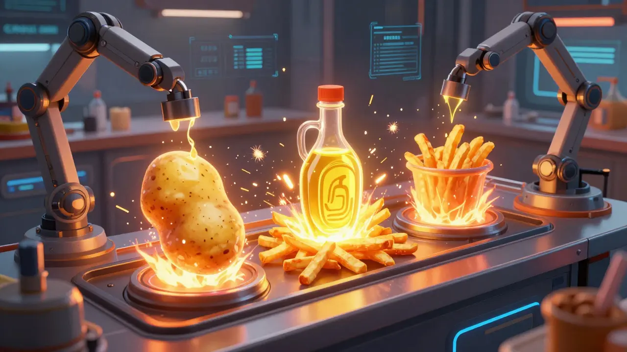 Futuristic kitchen merging glowing ingredient NFTs into a dish with sparks and light effects.