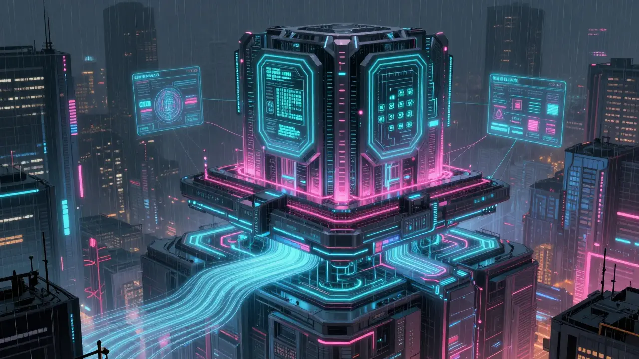 Futuristic layered blockchain structure in cyberpunk city