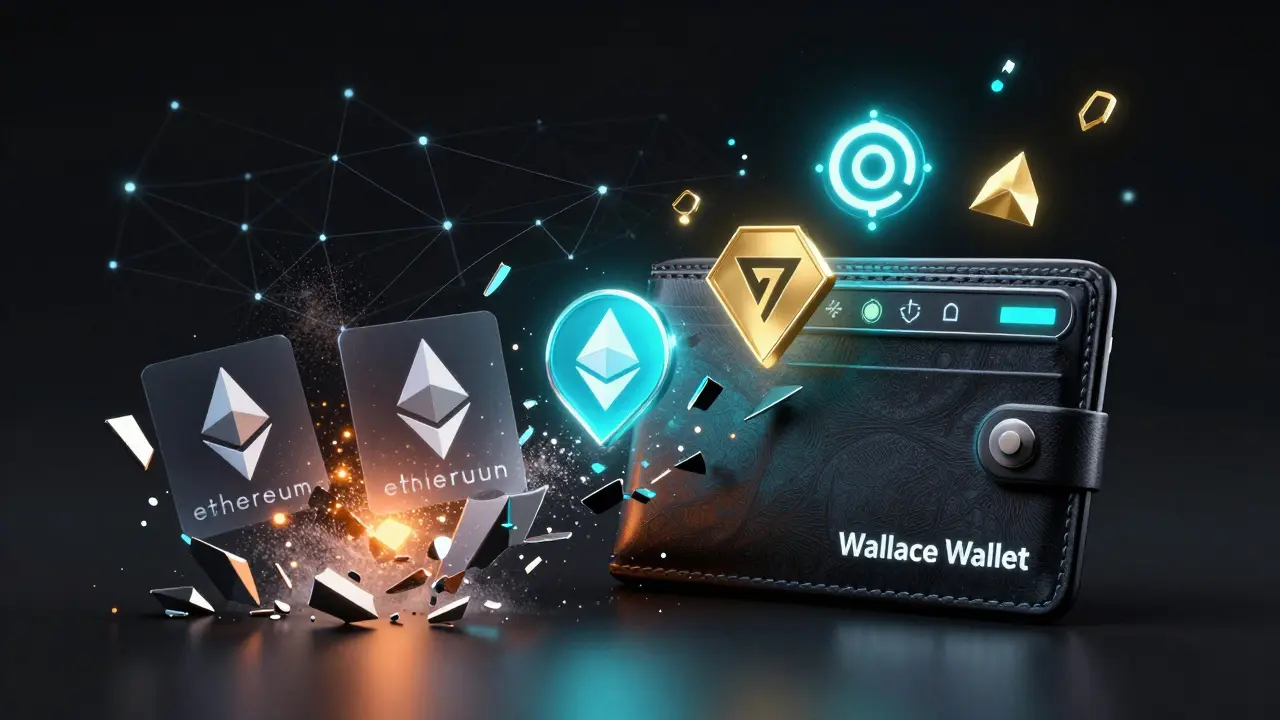 Futuristic Wallace Wallet interface evolving from Ethereum to ODIN Chain