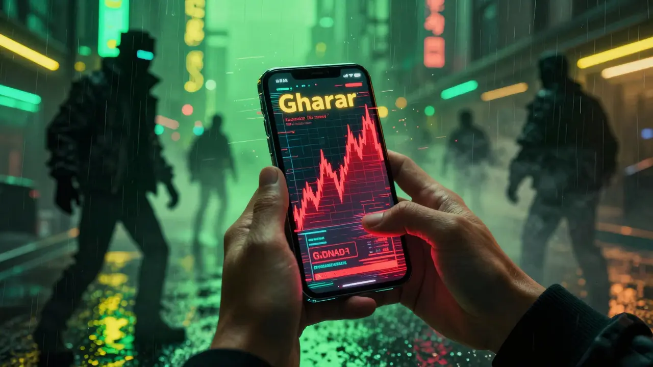 Glitching phone showing volatile crypto charts in cyberpunk city