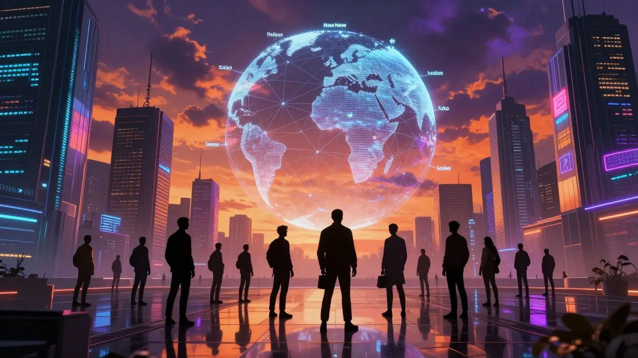 Global cyberpunk marketplace connecting investors across continents digitally