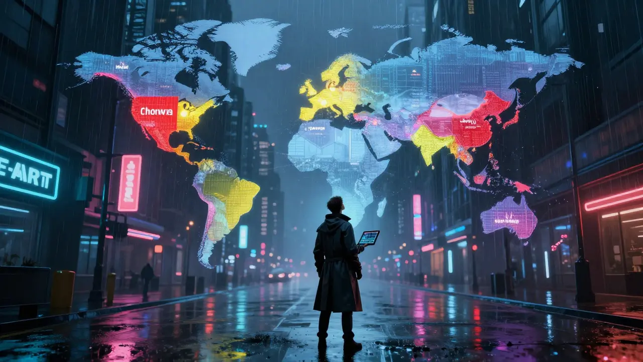 Global map of crypto bans in a cyberpunk city