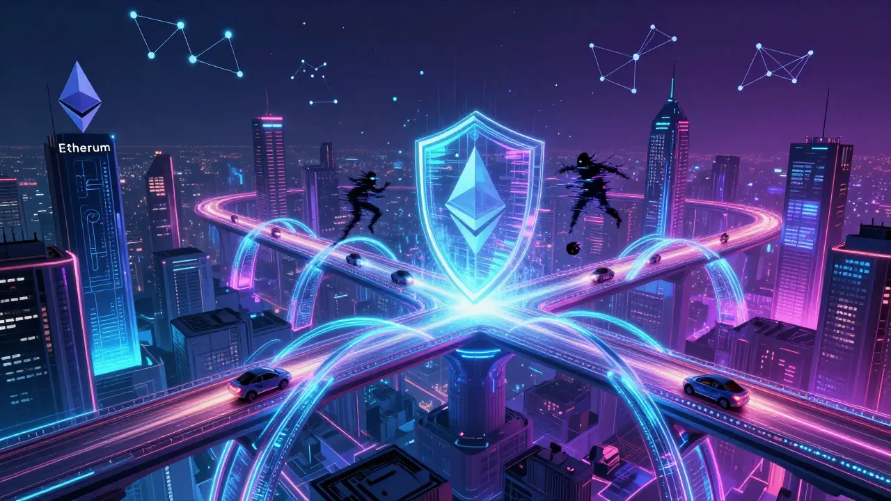 Glowing energy bridges connecting blockchain towers in a secure, futuristic cyberpunk metropolis.