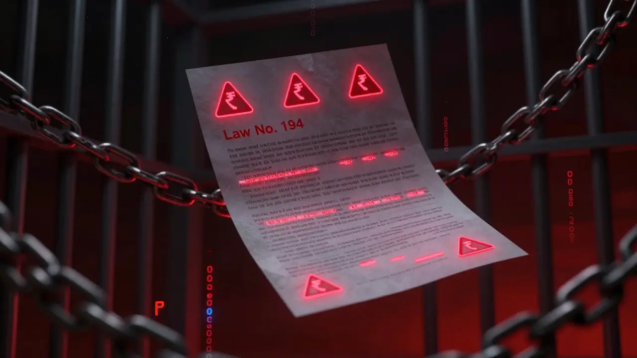 Glowing legal document with red warnings and chains symbolizing crypto ban