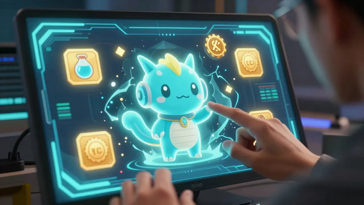 Glowing Metamon NFT character surrounded by floating crypto reward icons.
