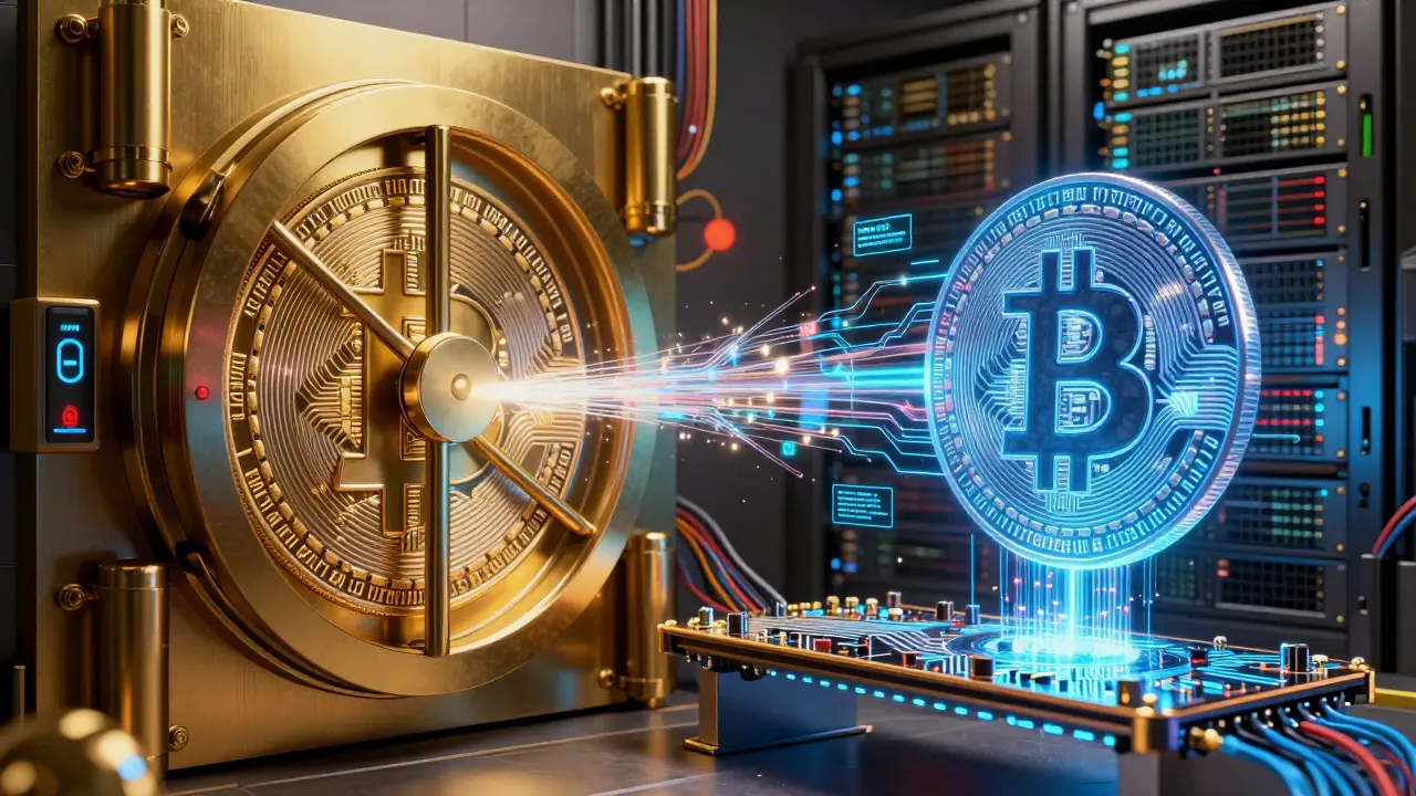 Golden vault locking while a digital wrapped token materializes via a data bridge.