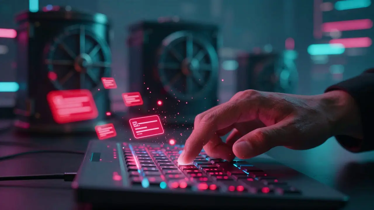 Hand hovering over holographic keyboard with red alerts and secure vaults in background.