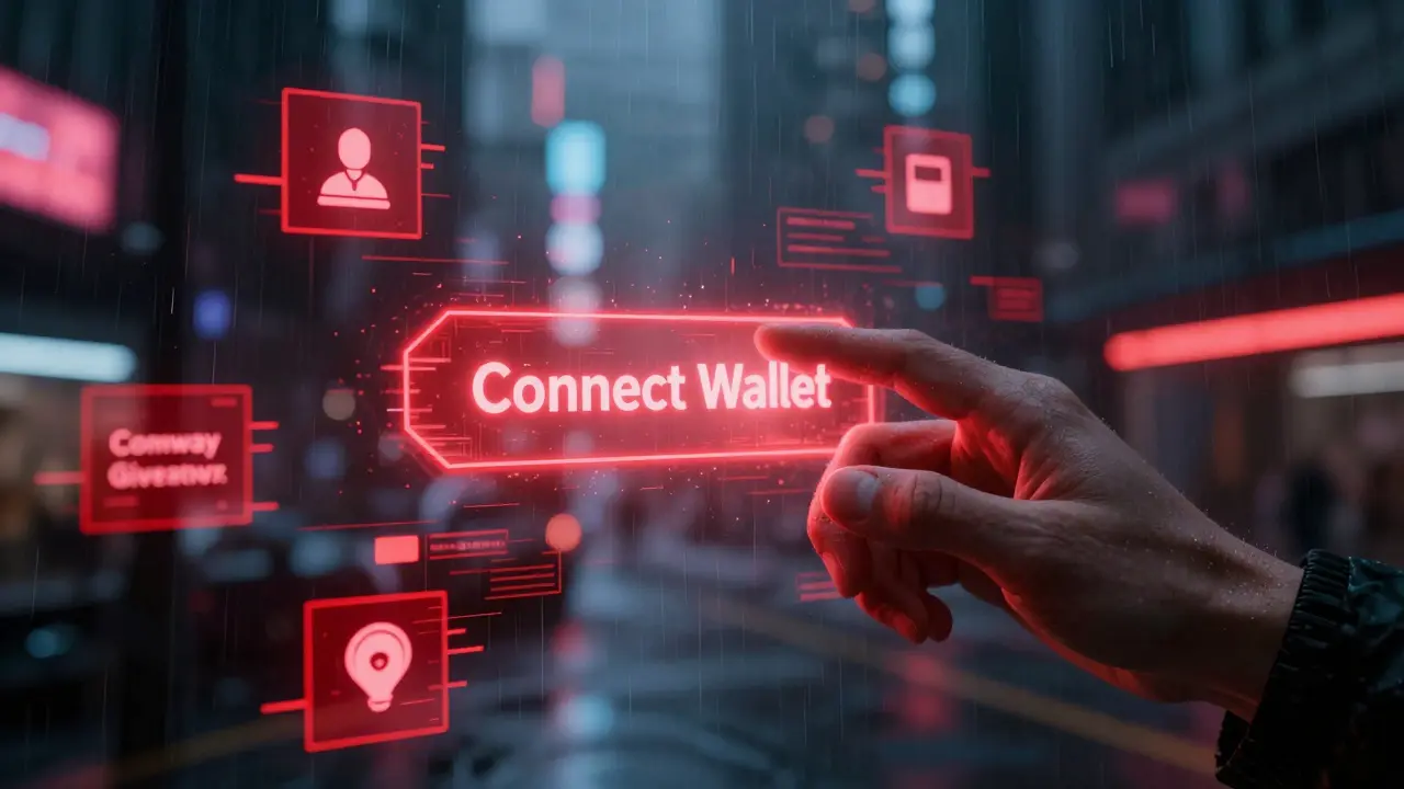 Hand hovering over malicious connect wallet button with red warning flags