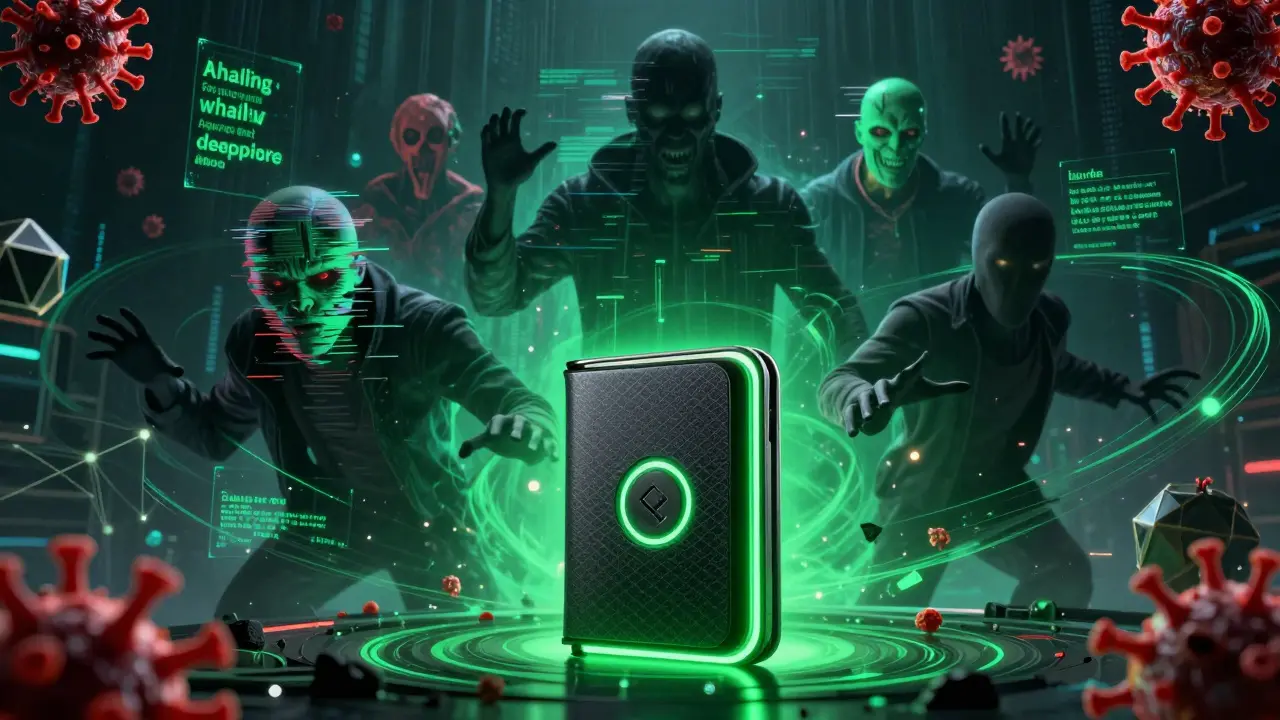 Hardware wallet protected against digital phishing threats in cyberpunk style