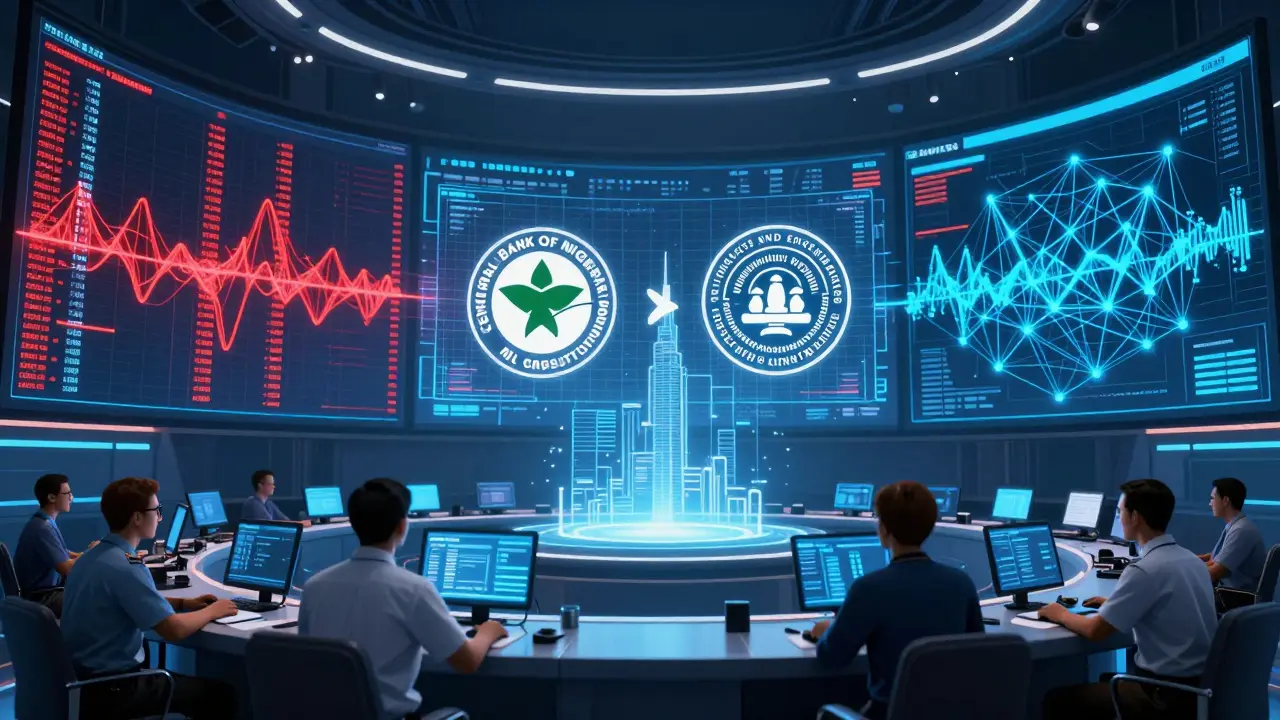 High-tech regulatory control room monitoring structured crypto data flows