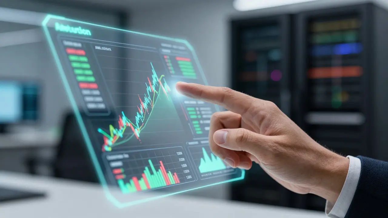 Holographic interface showing real-time anti-money laundering compliance checks