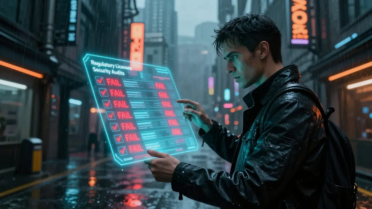 Holographic scam checklist showing failed security checks in a rainy cyberpunk alley