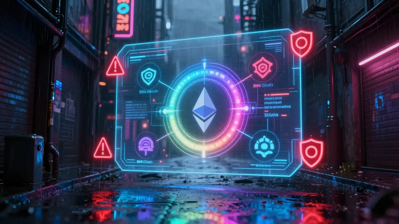 Holographic wallet showing multi-chain networks and security shields in neon light.