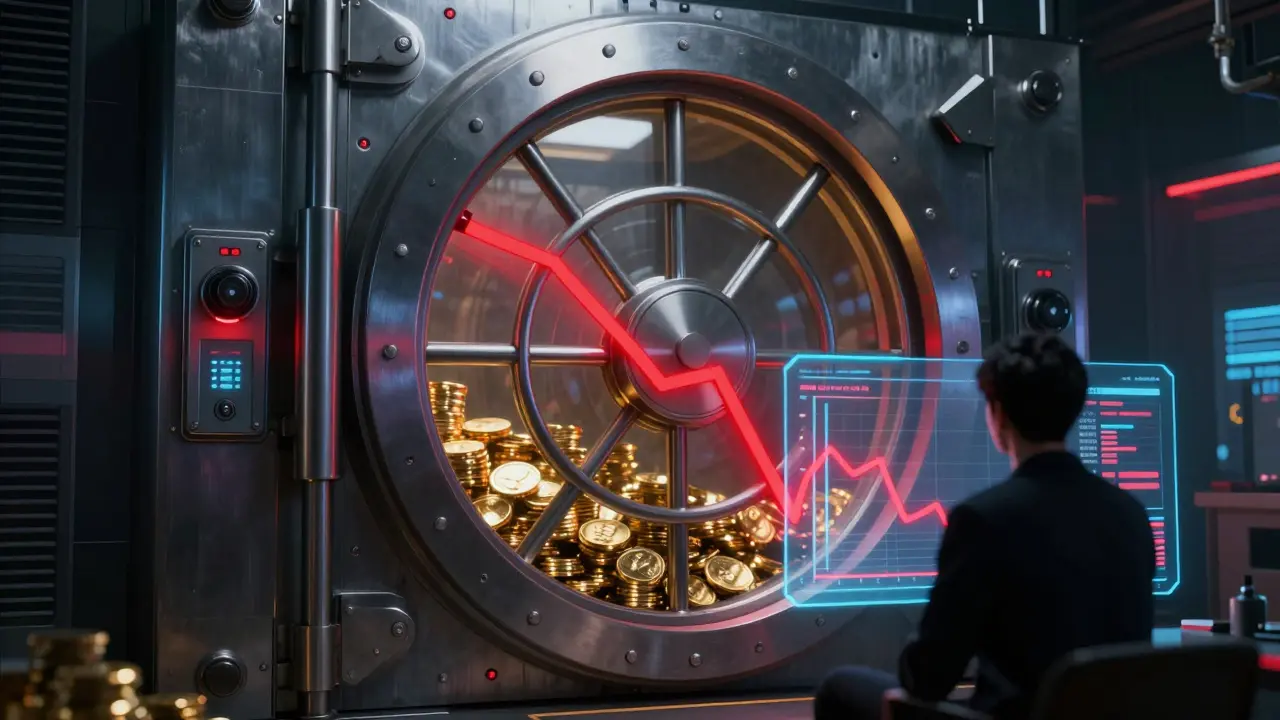 Locked digital vault with coins and declining graph