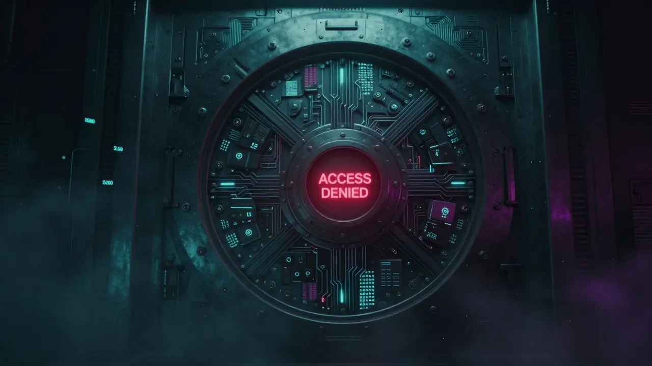 Locked digital vault with fading holograms symbolizing ended airdrop campaign