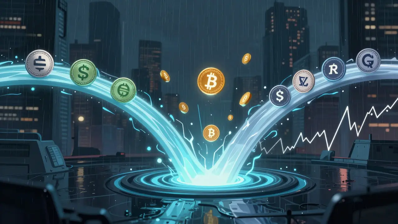 Neon-lit visualization of liquidity pools merging into a vortex emitting reward tokens.