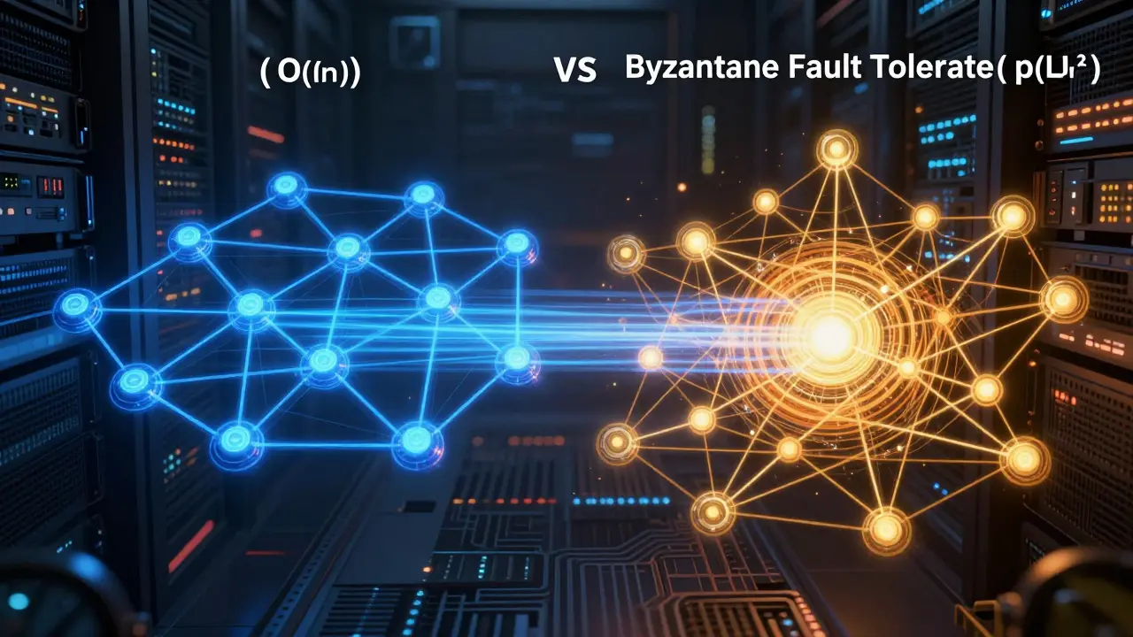 Neon network diagram contrasting fast Raft vs secure pBFT