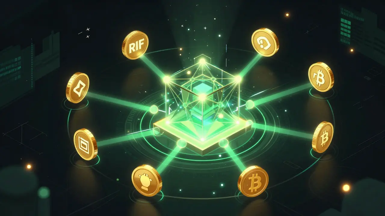 Neon visualization of DAO governance and staking rewards flow