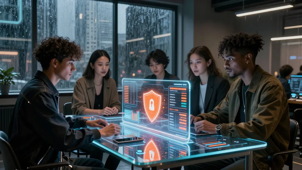 Professionals using AR financial dashboards in a cyberpunk office