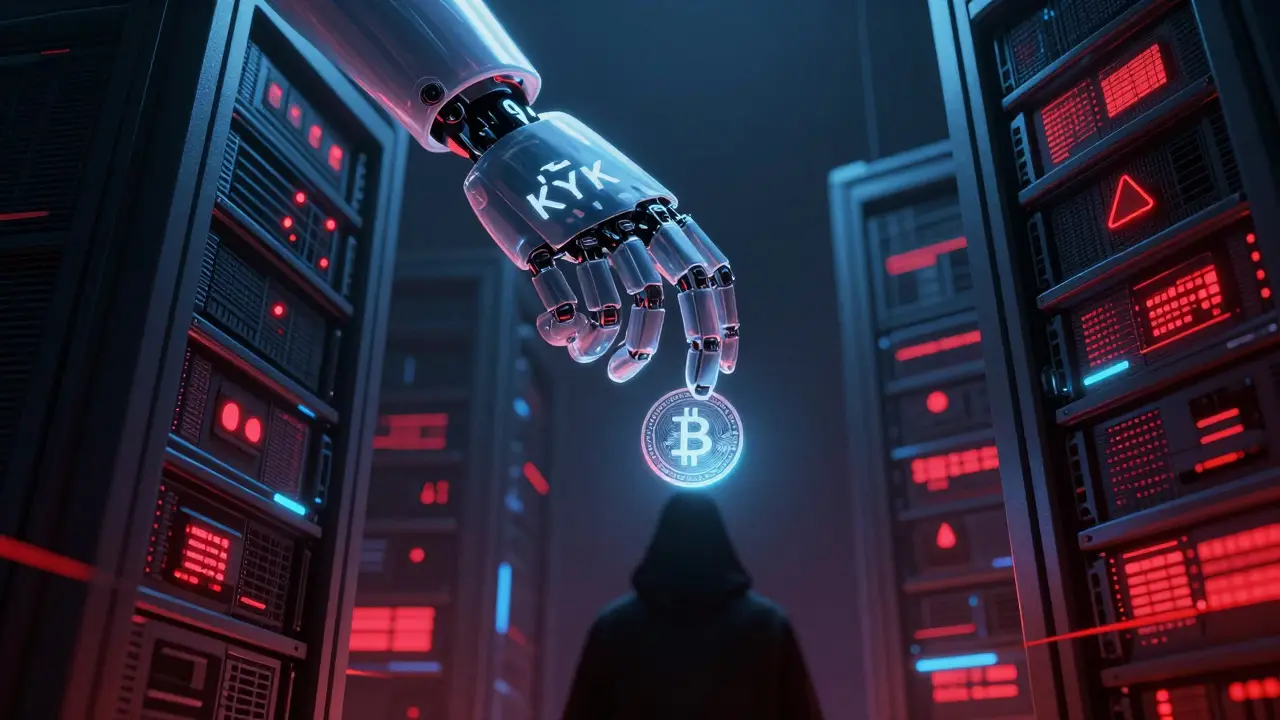 Robotic hand freezing crypto coin representing exchange risks