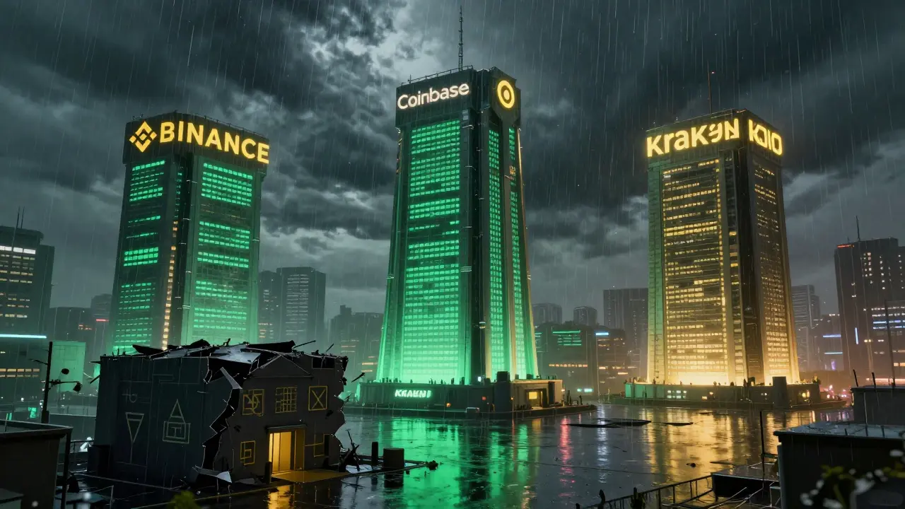 Secure digital fortresses vs crumbling risky platform in a neon cyberpunk cityscape