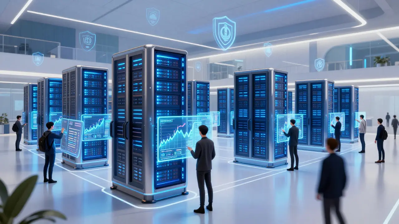 Secure, glowing crypto exchange hub with stable trading holograms