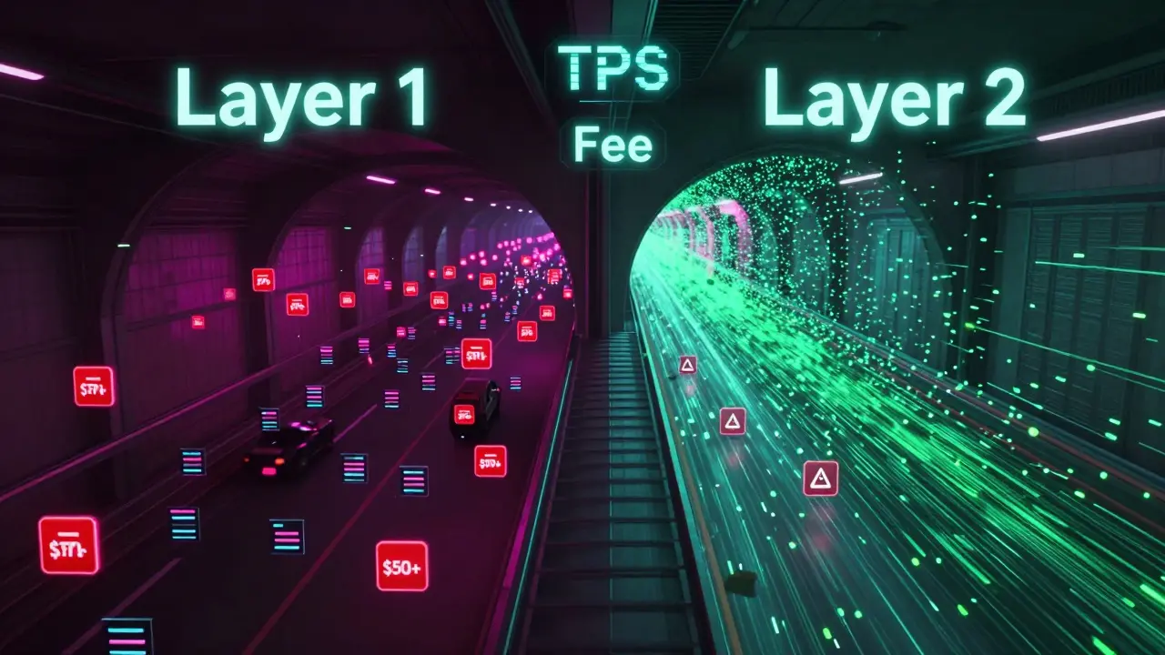 Split view comparing congested Layer 1 fees with high-speed low-cost Layer 2 traffic