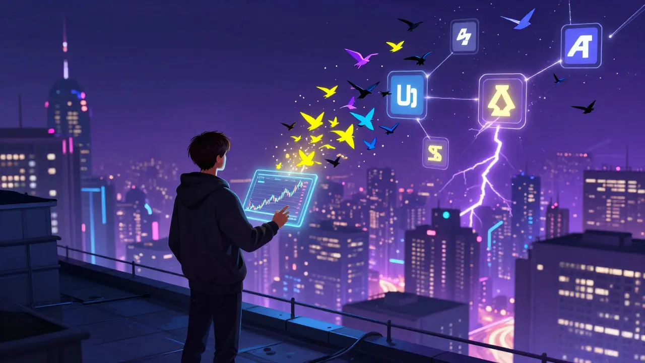 Trader on rooftop looking at AI trading data and future DEX integrations.
